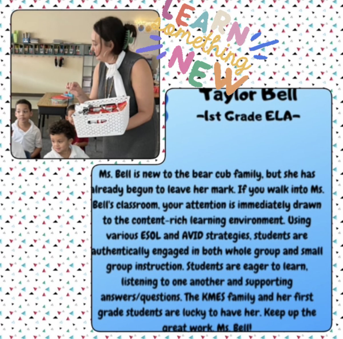 We’re celebrating Ms. Bell!!!!! Keep up the great work! #kmesbearcubs #kmesforthewin #oneteamonegoal #sdocgoodtogreat #thankyou