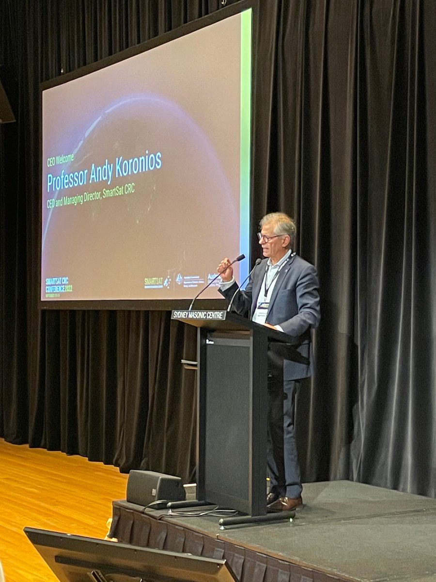 SmartSatCRC's tweet photo. "SmartSat takes its role in supporting and growing the Australian space industry very seriously." 🚀

CEO Professor @AndyKoronios welcomes our @SmartSatCRC community to the Conference for 2022, reflecting on the work of the organisation within the broader #SpaceSector.

#sscrc22 https://t.co/ONF5Qv5mH9