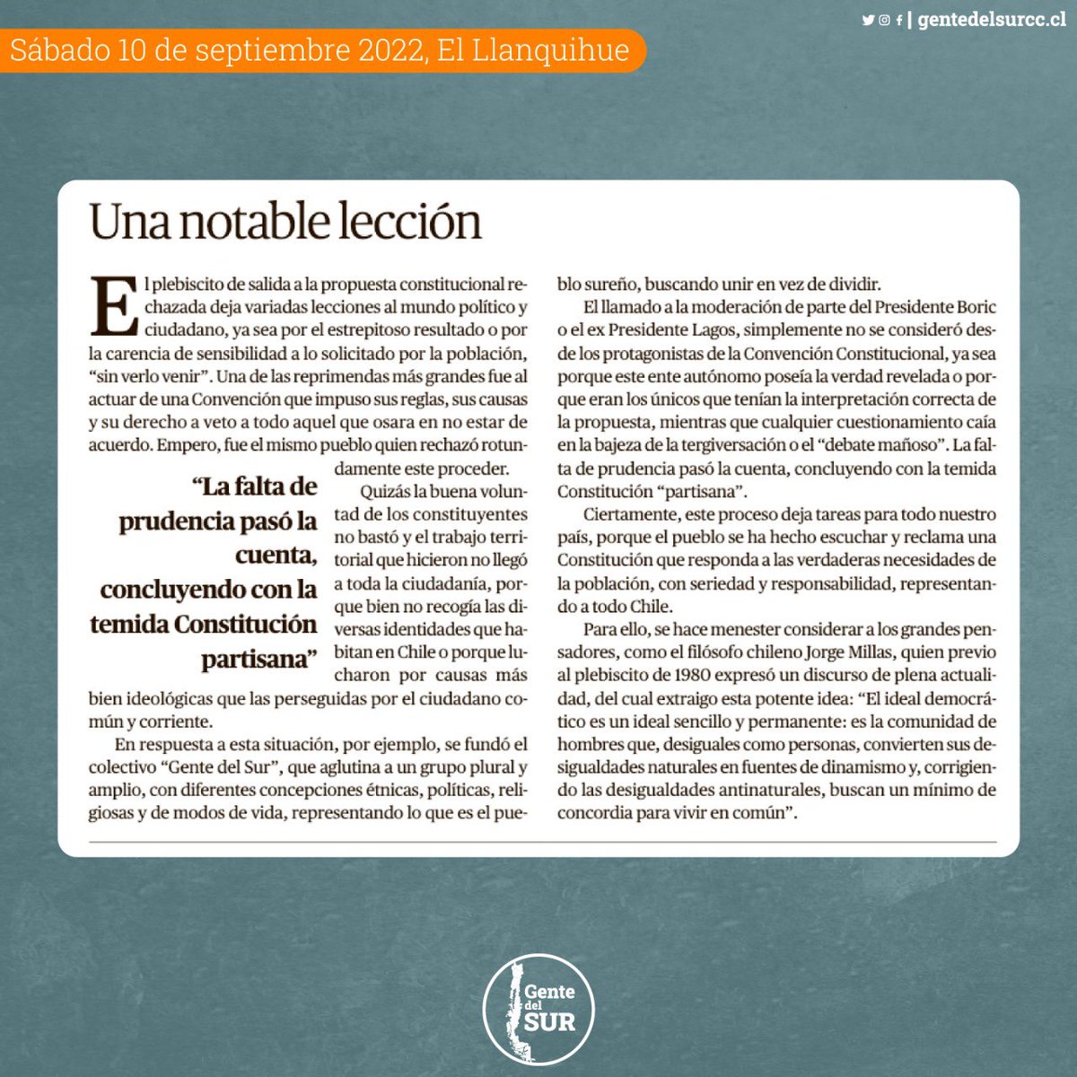 Columna Diario El Llanquihue, Juan Carlos Vidal.
🗞 “Una notable elección”: La falta de prudencia pasó la cuenta, concluyendo con la temida Constitución partisana.