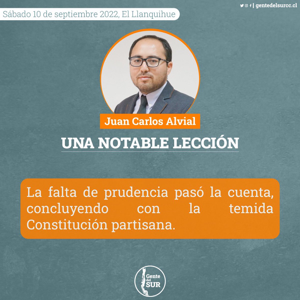 gentedelsur2022's tweet photo. Columna Diario El Llanquihue, Juan Carlos Vidal.
🗞 “Una notable elección”: La falta de prudencia pasó la cuenta, concluyendo con la temida Constitución partisana. https://t.co/4EyBXkaQFP