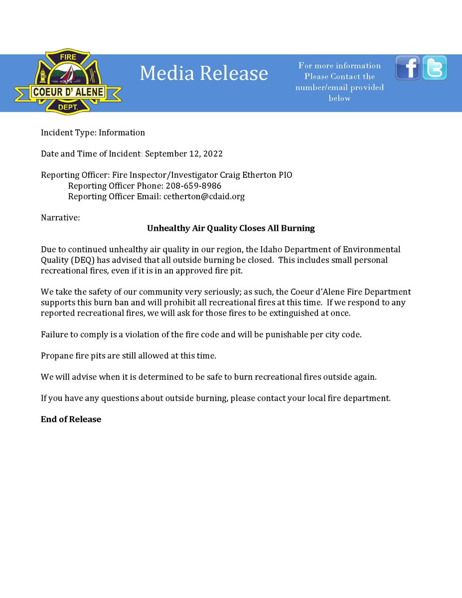 Unhealthy Air Quality Closes All Burning
Due to continued unhealthy air quality in our region, the Idaho Department of Environmental Quality (DEQ) has advised that all outside burning be closed. This includes small recreational fires, even if it is in an approved fire pit.