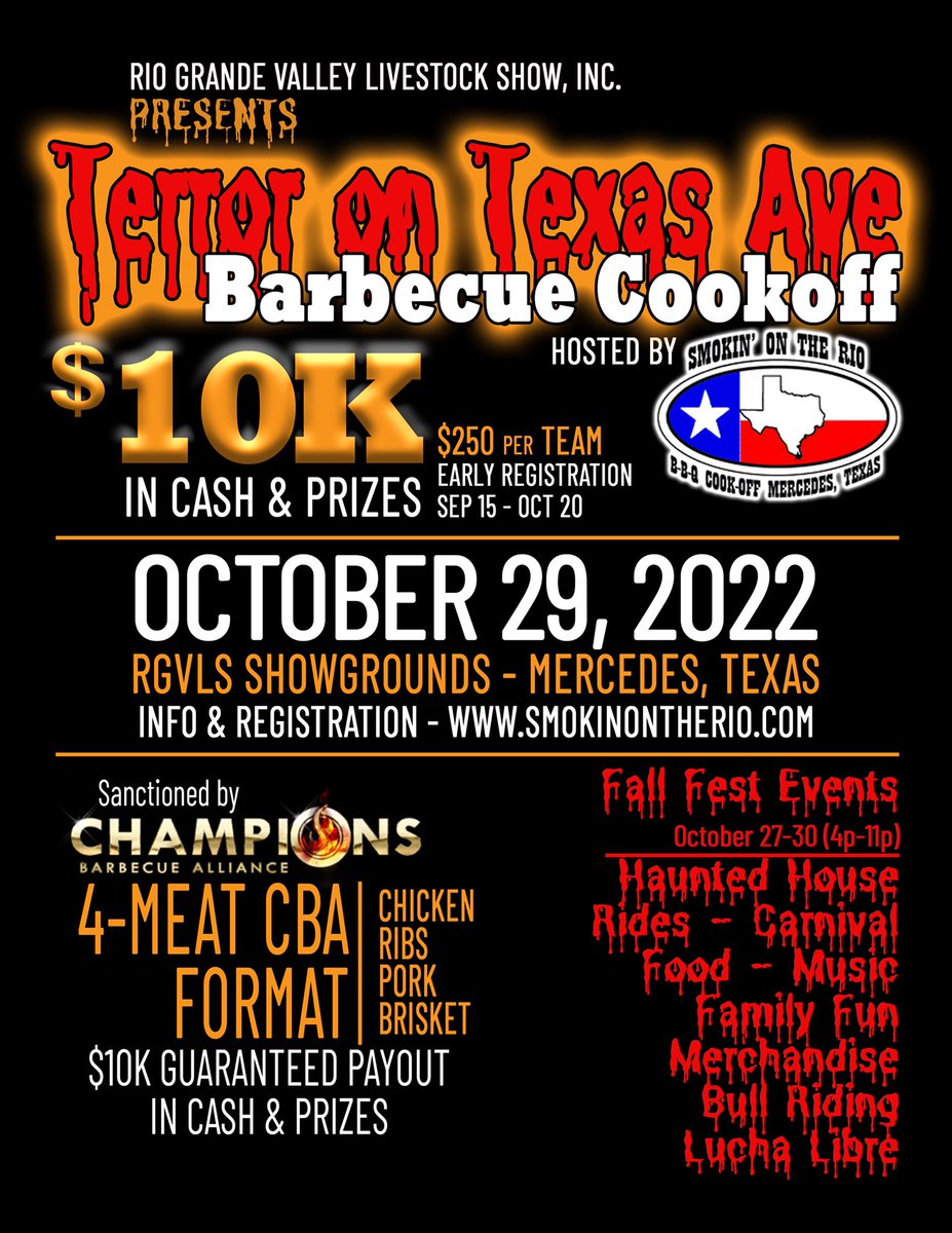 Come join us in October for a <a href="/cbabbq/">Champions Barbecue Alliance</a> brought to you by <a href="/RGVLS/">RGVLS</a> and hosted by Smokin on the Rio!  $10k in cash and prizes!!  Registration is open at SmokinOnTheRio.com