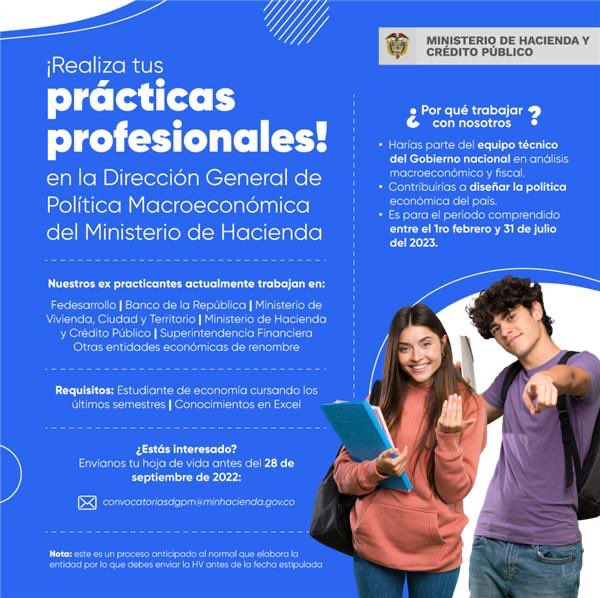 Mariagomezf94's tweet photo. La Dirección General de Política Macroeconómica invita a los estudiantes de últimos semestres de economía a participar en su convocatoria de prácticas para el periodo 2023-I. La Dirección se encarga de diseñar la hoja de ruta sobre la política macro y fiscal del país https://t.co/lCin9G7WgN