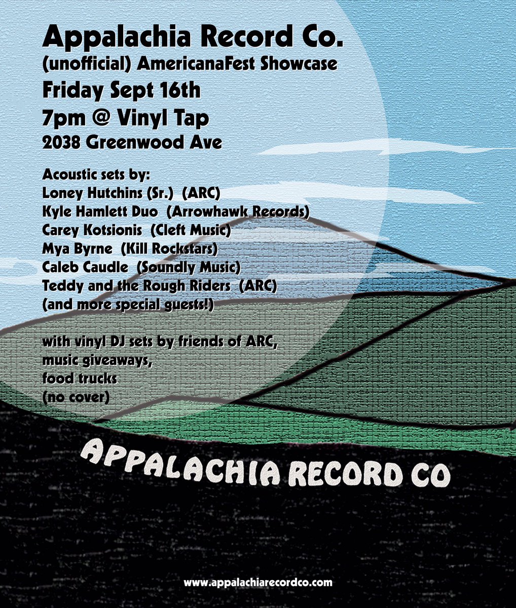 Come hang with ARC at AmericanaFest!

Our unofficial showcase is at <a href="/VinylTapNash/">Vinyl Tap Nashville</a> on Friday 9/16, with sets from <a href="/LoneyHutchins/">Loney Hutchins</a>, <a href="/kylehamlettuno/">Kyle Hamlett Uno | Duo</a>, <a href="/KotsionisCarey/">Carey Kotsionis</a>, @MsMyaByrne, <a href="/caleb_caudle/">Caleb Caudle</a>, <a href="/teddy_n_the_rrs/">Teddy and the Rough Riders</a> + vinyl DJs!