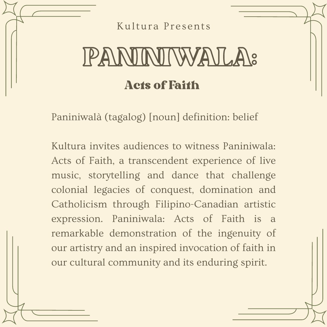 kapisanan's tweet photo. On October 5th, visit the @agotoronto for ‘Paniniwala: Acts of Faith’, a transcendent experience of live music, storytelling and dance that challenges colonial legacies of conquest, domination and Catholicism through Filipino-Canadian artistic expression.
#toronto #paskosakultura https://t.co/tJmznCvaBI