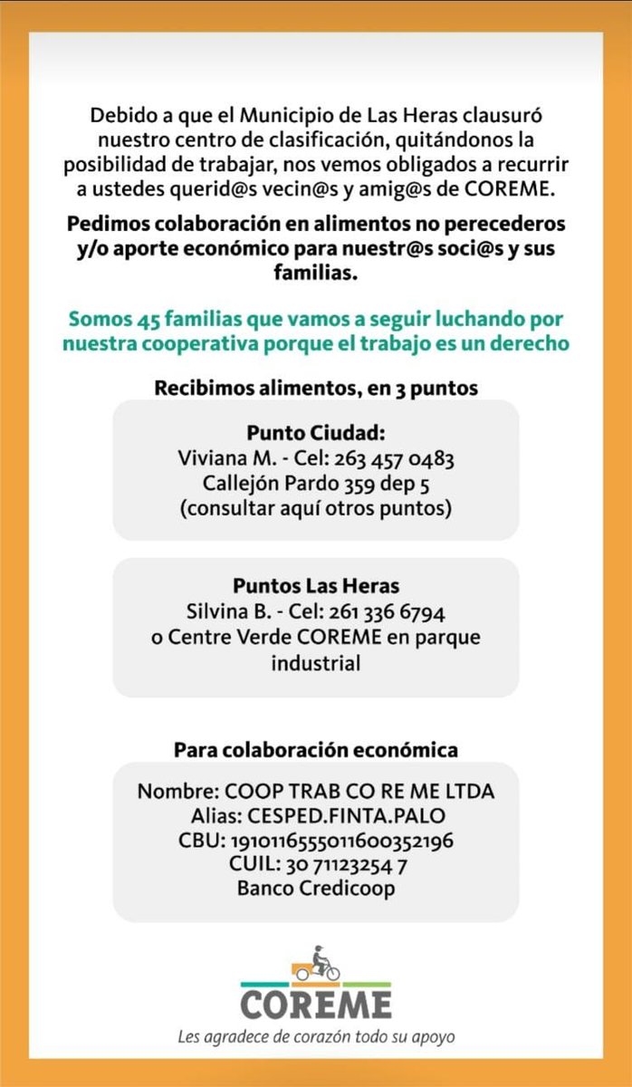 CORREPI's tweet photo. #Mendoza
#COREME
El 2 de setiembre, el municipio de Daniel Orozco de Las Heras clausuró la planta de la cooperativa de trabajo COREME dejando a 45 familias sin su sustento diario, quienes además sufrieron represión por parte de la policía al momento del desalojo. https://t.co/43NMGu3wS2