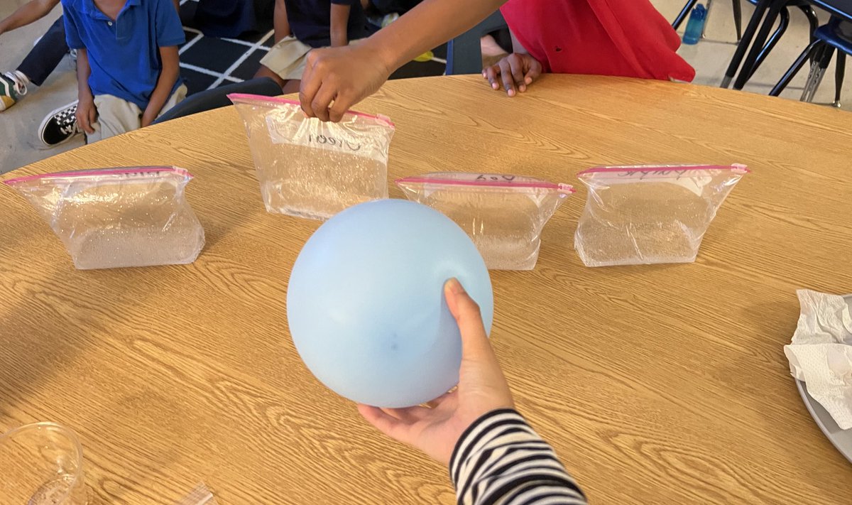 msluz2nd's tweet photo. Introduced the states of matter through a fun experiment today! Students worked in groups to melt their bag of ice (solid to liquid)… then predicted how much Alka-Seltzer it would take to burst open their bag (producing gas)! #superscientists @BirneyBobcats https://t.co/kwTqqNUKjG