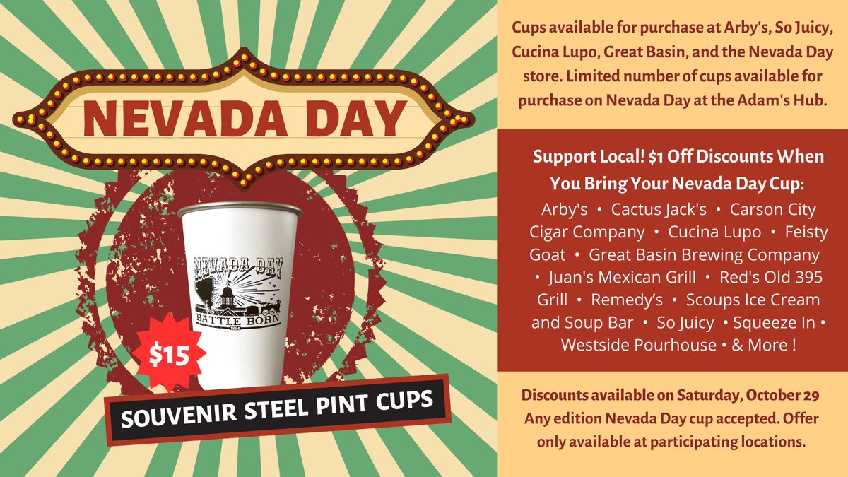 greenUPNV's tweet photo. ATTN: Carson City! We are kicking off the NV Day festivities early and hosting a pint cup pre-sale at Green DIning restaurants. Buy yours today! 

Commemorative Edition Reusable Cups available at: So Juicy, @gbbco, @Arbys - Carson City locations only. Also the @NevadaDayInc store https://t.co/7zl3PligfU