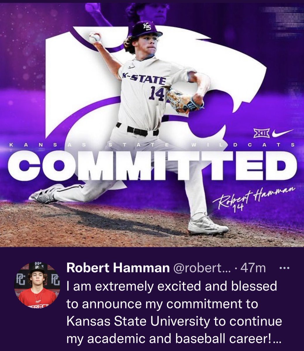 susanmhamman's tweet photo. Congratulations @roberthamman12 can’t wait to watch you pitch for @KStateBSB and continue your education at a great school like KSU! #KStateBaseball #EMAW https://t.co/VI1qlfO2Bw