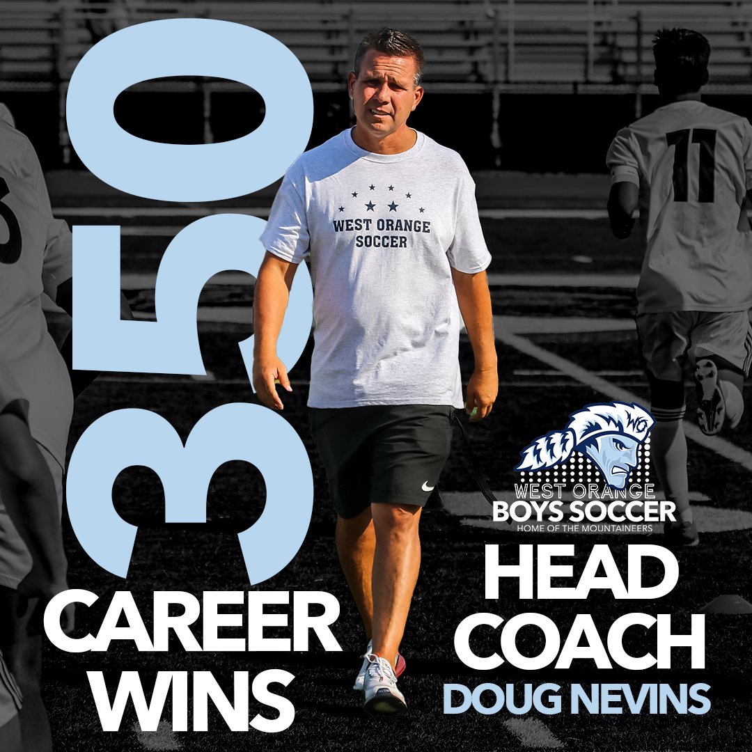 DNSSoccer's tweet photo. CONGRATULATIONS!!! West Orange Boys Soccer Head Coach Doug Nevins achieves his 350th career win today (9/12/22) with a 7-1 home win over Cedar Grove. #wopride @dougienevs @woschools https://t.co/1cN7Qz22hL