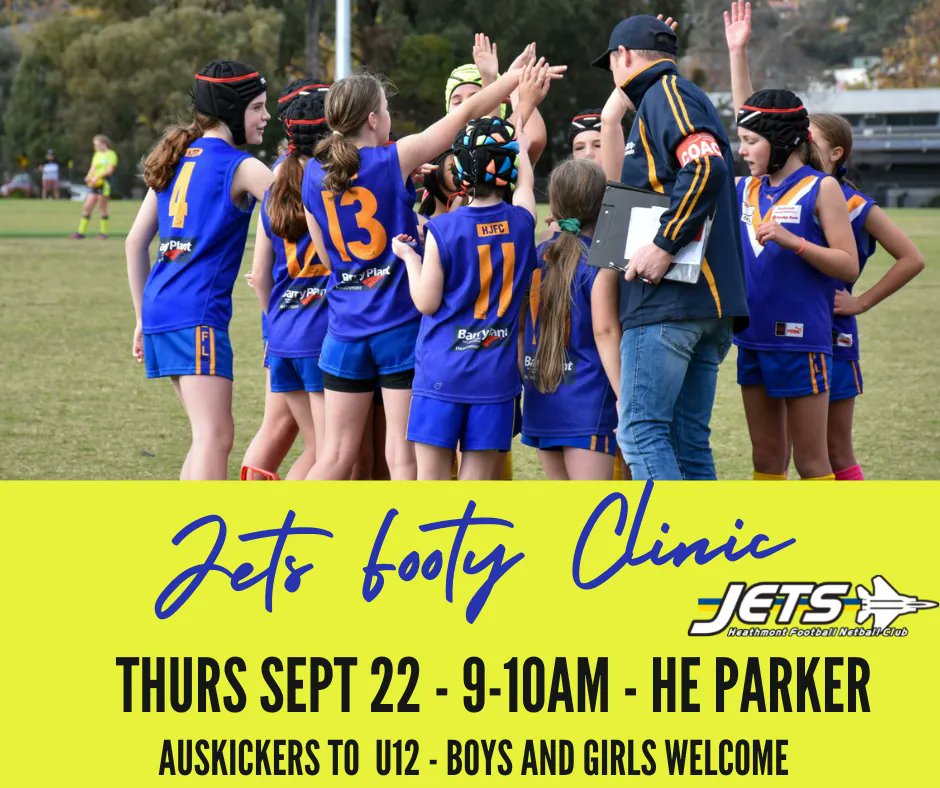 🔷🔸Do you know of anyone that wants to play Footy next year???? Let them know it's FOOTY CLINIC time🔷🔸
Spread the word everyone is welcome looking for both boys and girls teams - especially from Auskickers to Under 12's.
#jetsjuniors #heathmontjets #weareheathmont