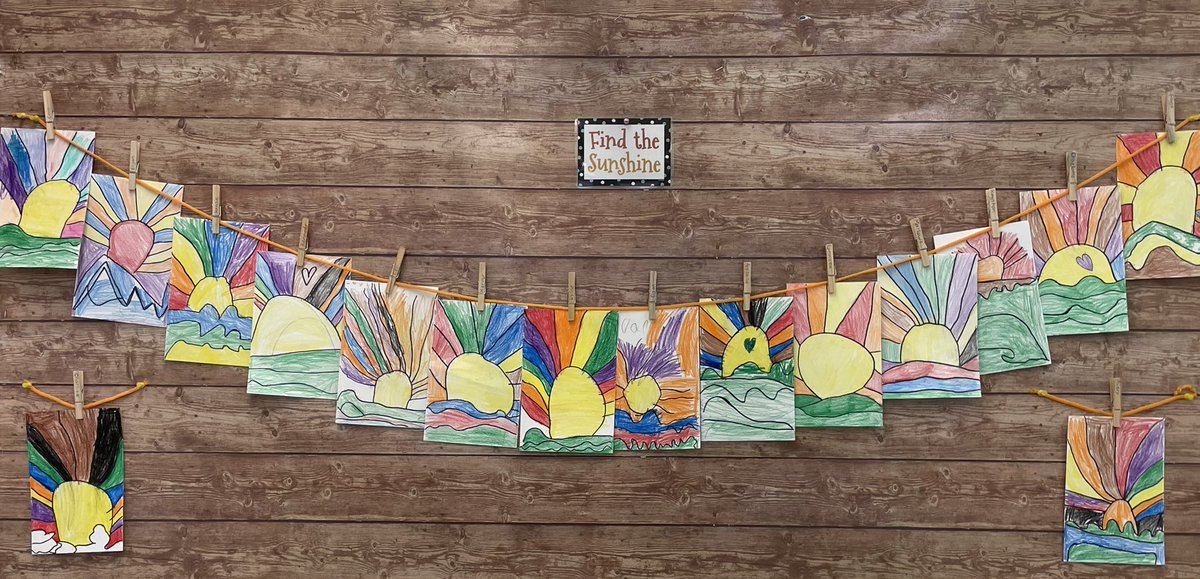 EveBuk's tweet photo. Grade 1’s first art project of the year! These sunrises reflect our classroom promise of spreading sunshine, which means to spread kindness and positivity! ☀️ https://t.co/ongiqKmFQD