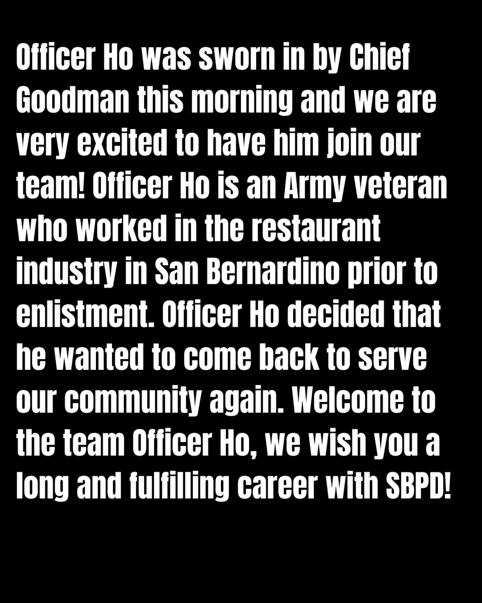 SanBernardinoPD's tweet photo. Join us in welcoming Officer L. Ho 🎉 

#StandardOfExcellence #Lateral #LateralOfficer #ThisCouldBeYou #ApplyToday #WeAreHiring #Police #LawEnforcement #Welcome #SanBernardino #JoinSBPD @SBPD_CHIEF https://t.co/LGhOtE1ihs
