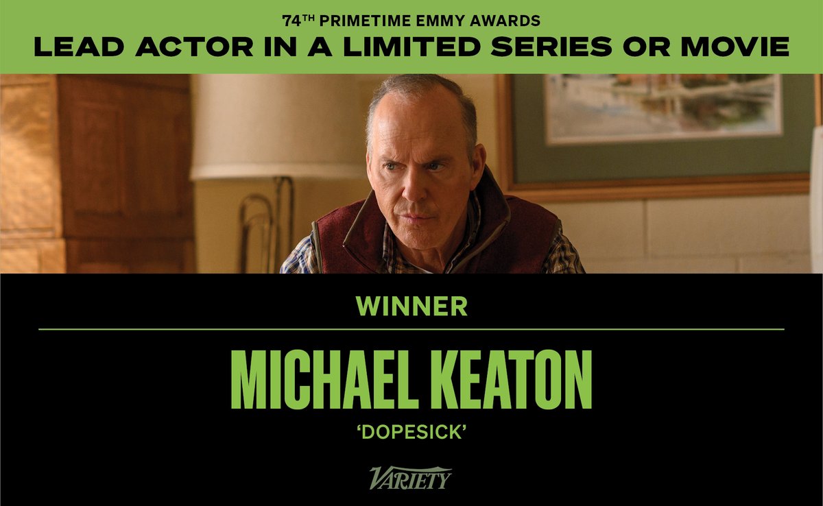 Variety's tweet photo. Michael Keaton takes home the #Emmy for Lead Actor in a Limited Series or Movie for #Dopesick. https://t.co/h3GrtHDUA6 https://t.co/49YDjBAKMd