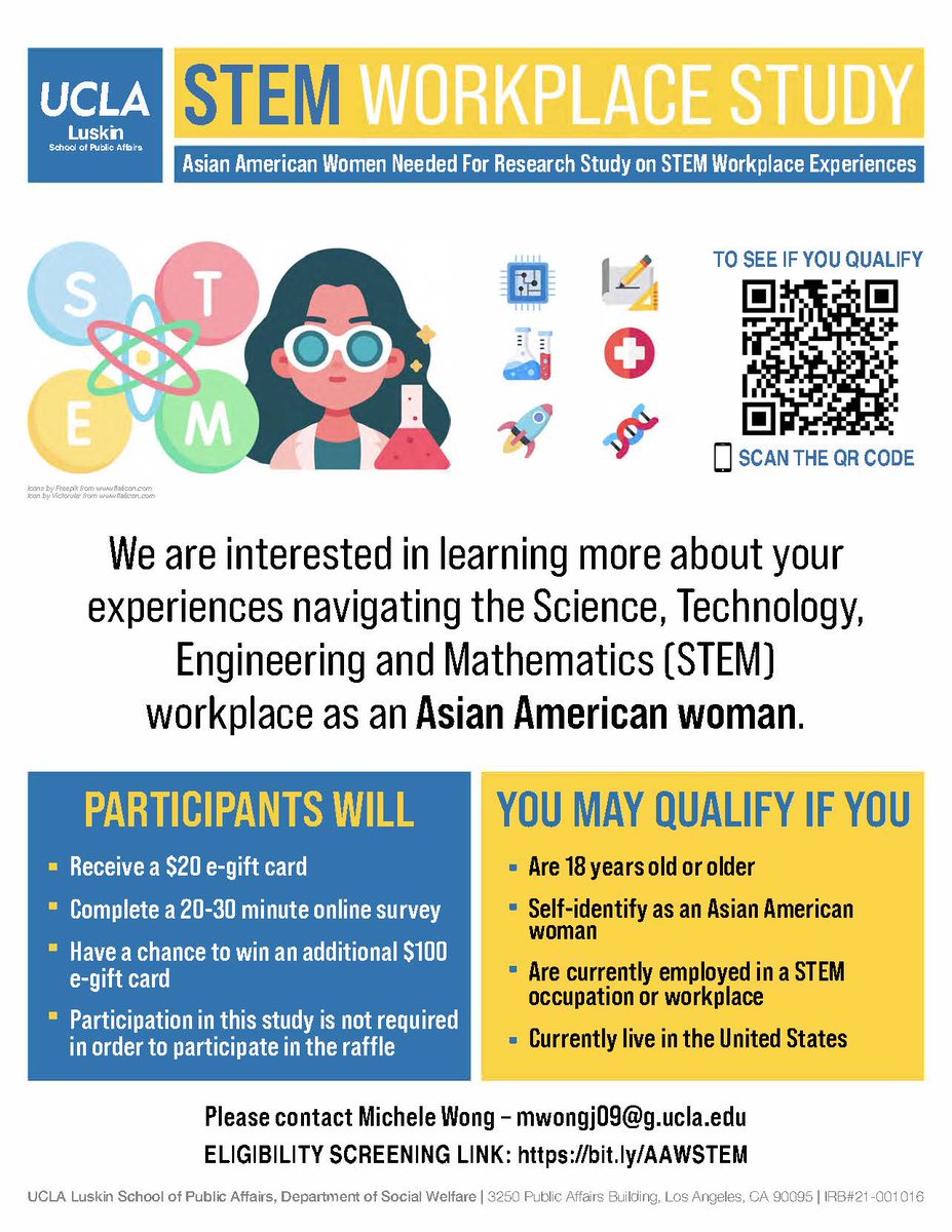 Now recruiting participants for my PhD research! I am looking for Asian American women who are currently employed in a STEM occupation or workplace. If you or others you know might be interested, please contact me or click on this link: bit.ly/AAWSTEM. RT’s appreciated!