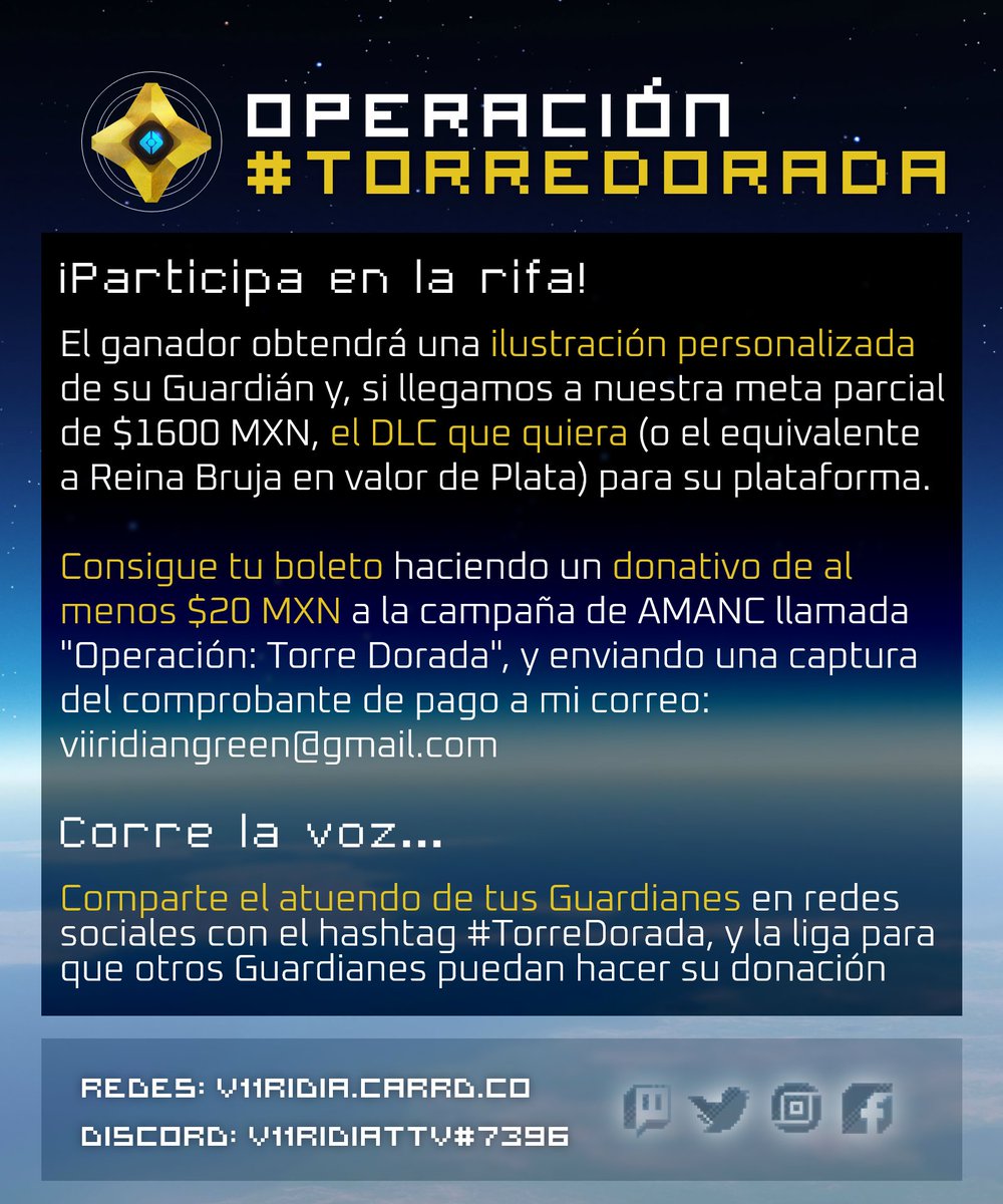 V11RIDIAttv's tweet photo. ¡Hola, Guardián! Te invito a apoyar la Operación #TorreDorada donando al menos $20MXN ($1.01 USD) a @amancmexico, con lo que conseguirás tu boleto para una rifa de DLC y arte 💛💠✨
Tenemos hasta el 30 de septiembre para alcanzar la meta! 🏆 #SeptiembreDorado #GoldforSeptember https://t.co/9NQ3kgEx5b