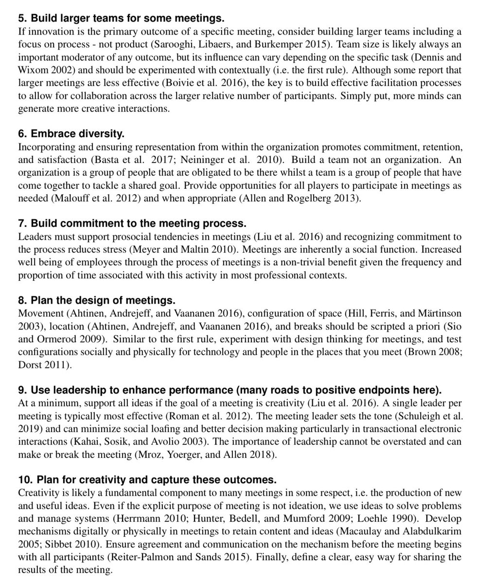 emollick's tweet image. For something we do all the time (there are 55 million a day!), most organizations don’t spend enough time trying to make meetings better. Here is a synthesis of the literature on effective meetings, compiled into 10 rules (all in the images). Experiment! scholar.archive.org/work/fjd6lfmvf…
