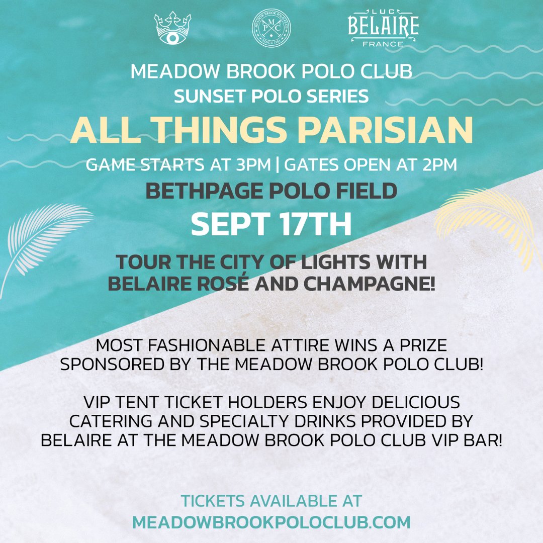 Join us for Polo this Saturday at 3 pm!

New Game Times for 9/17, 9/24 and 10/1

GATES OPEN AT 2PM

GAME STARTS AT 3PM

Tickets available at meadowbrookpoloclub.com