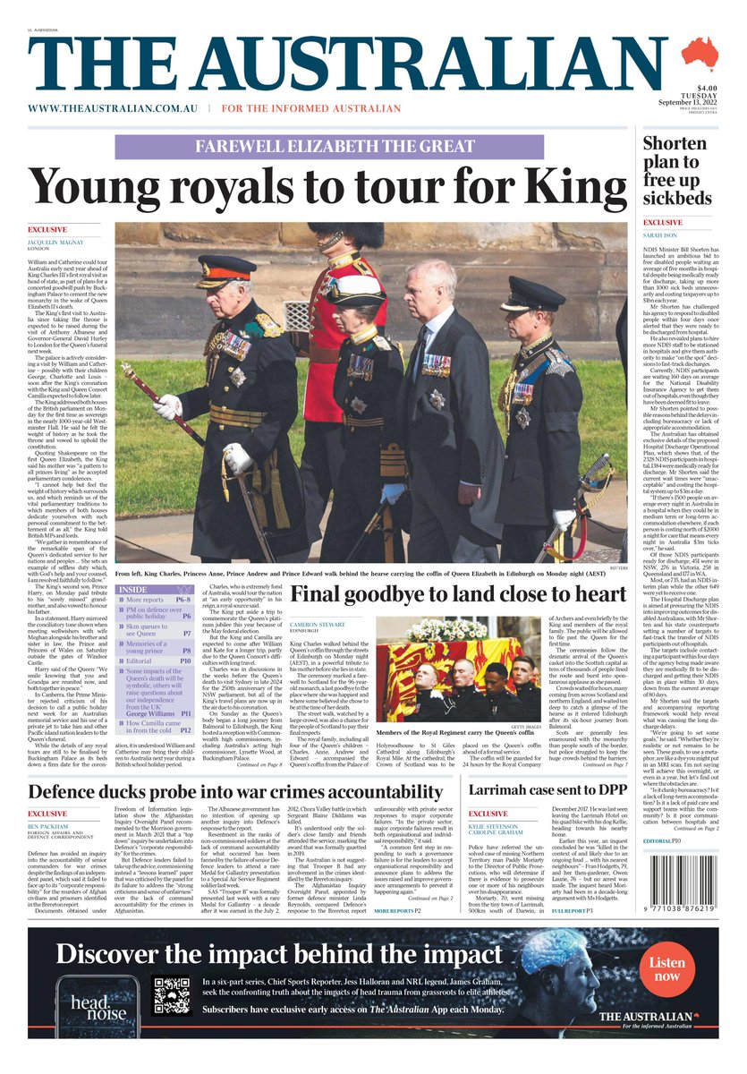 The Australian Front Page:

YOUNG ROYALS TO TOUR FOR KING - William and Catherine could tour Australia early next year ahead of King Charles III's first royal visit as head of state.
