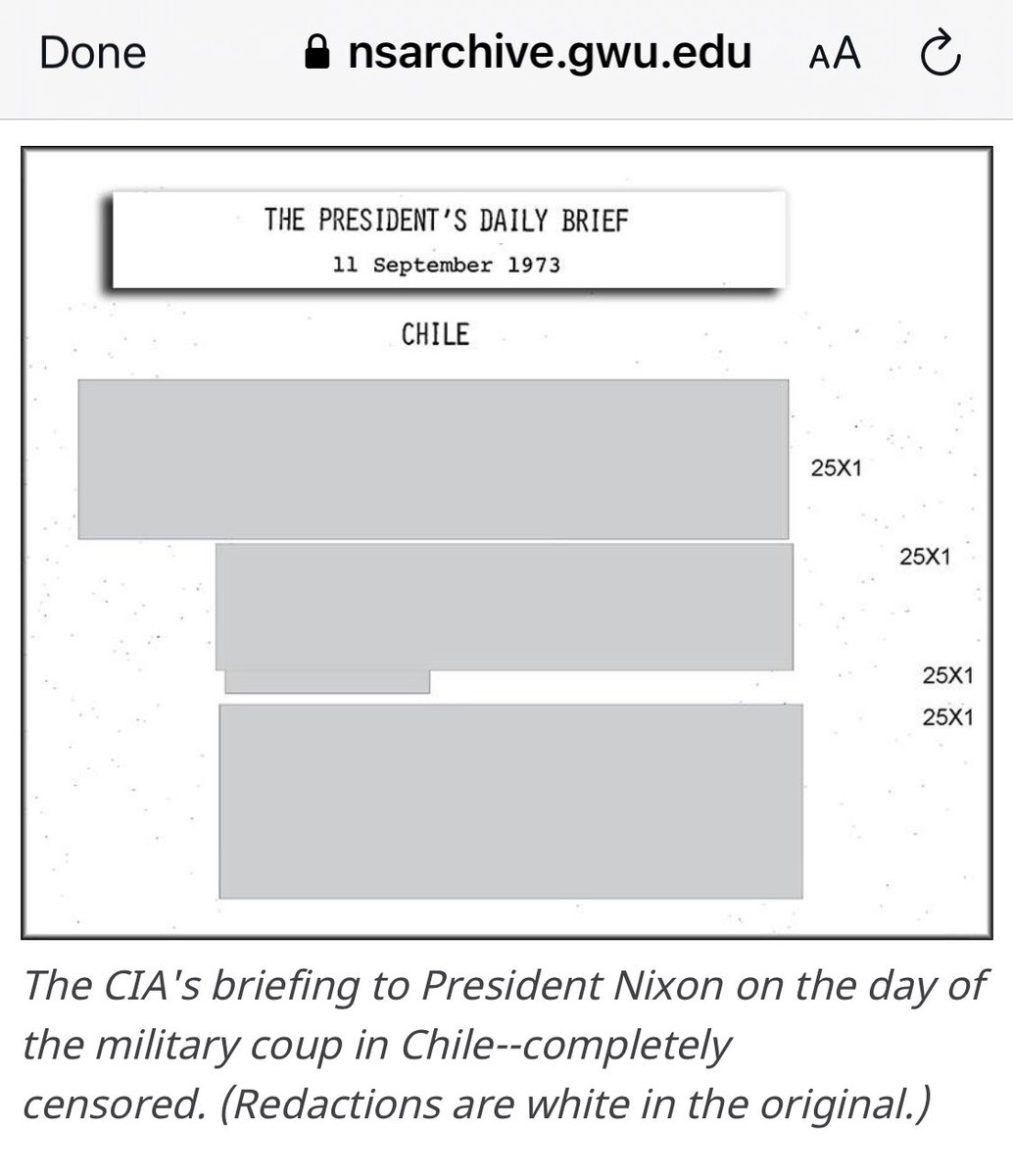 llchristyll's tweet photo. Almost 50 years later, this is what we can see of the President’s Daily Briefing from the morning of the coup that overthrew the elected government of Salvador Allende. There is no security reason for this file to remain secret - we must know what Nixon knew that day. https://t.co/YP8avAxIp0