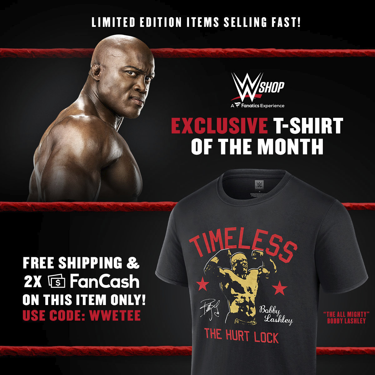 Limited Time Only! 'The All Mighty' Bobby Lashley is kicking off WWE Shop's T-Shirt of the Month with this exclusive tee! Get yours today! 🛒: bit.ly/3qufRd1