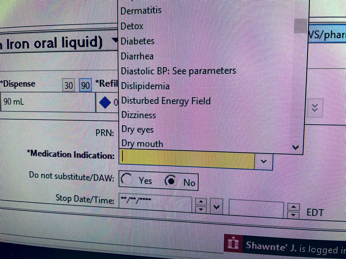 ShawnteJamesMD's tweet photo. I should just choose “disturbed energy field” and see if I get a call from the pharmacist. https://t.co/Sp0iqVFN2E