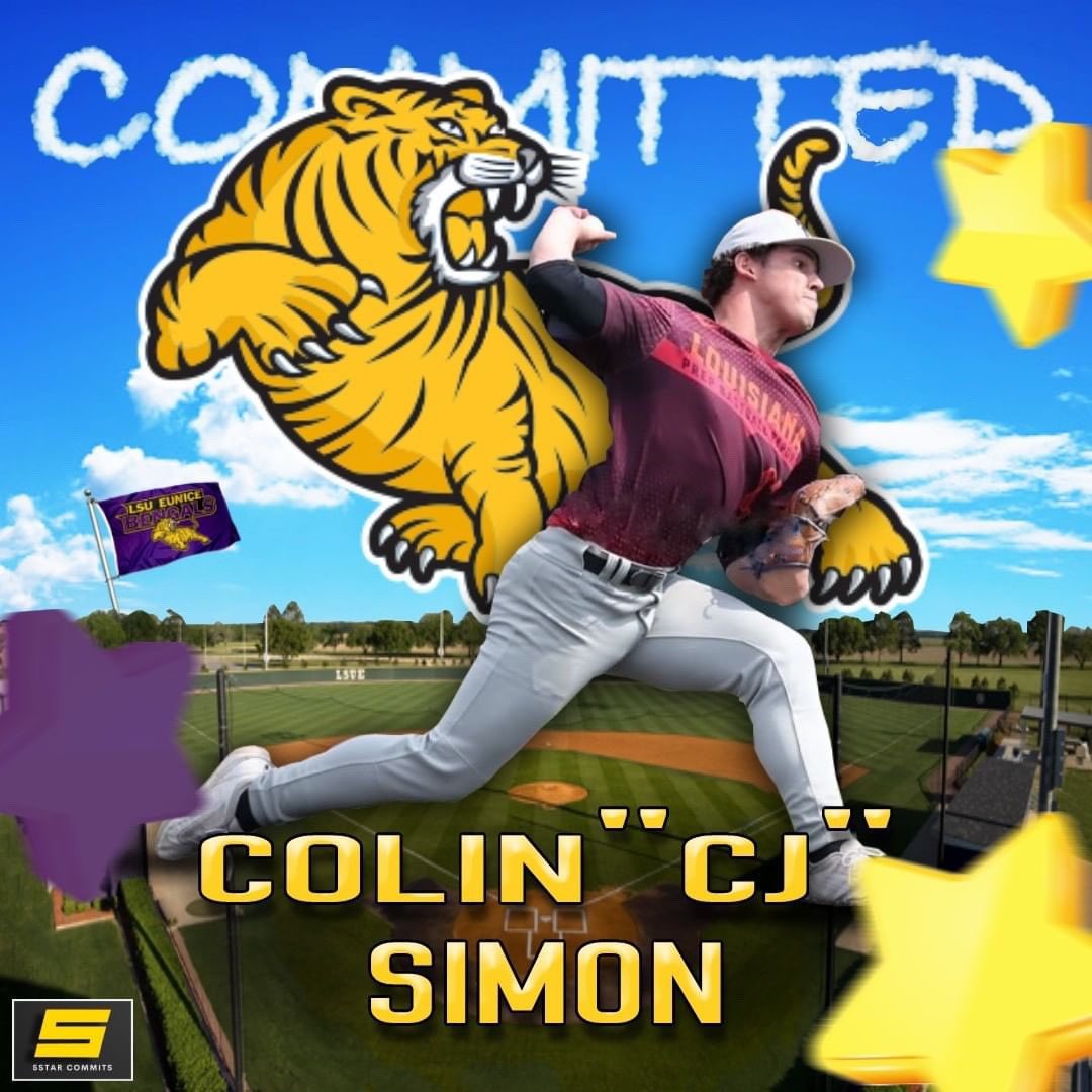 Colin Simon (@colinsimon15) on Twitter photo Blessed to announce my commitment to continue my career and play baseball at LSU-Eunice🐯
Thanks to everyone that has been at my side through it all. Couldn’t have done it without y’all. #1of1 <a href="/CoachJeffWillis/">Jeff Willis</a> <a href="/AlanOrgain/">Alan Orgain</a> <a href="/LSUEBengalsBSB/">LSUE Baseball</a> Blessed to announce my commitment to continue my career and play baseball at LSU-Eunice🐯
Thanks to everyone that has been at my side through it all. Couldn’t have done it without y’all. #1of1 <a href="/CoachJeffWillis/">Jeff Willis</a> <a href="/AlanOrgain/">Alan Orgain</a> <a href="/LSUEBengalsBSB/">LSUE Baseball</a>