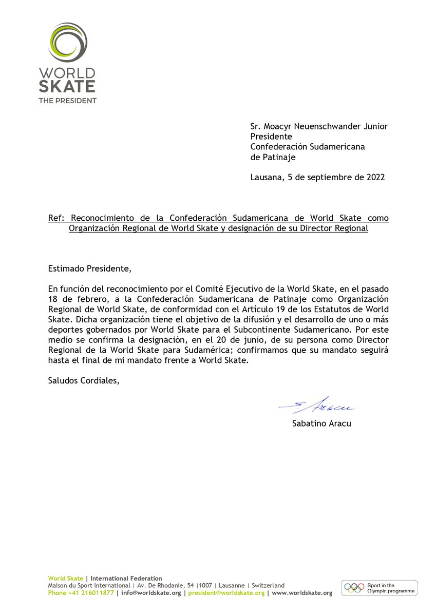 Junto con saludarlos les envio adjuntas, dos Notas de la World Skate respeto al reconocimiento de nuestra Confederación Sudamericana como Organización Regional miembro de WS cbhp.com.br/site/confedera…