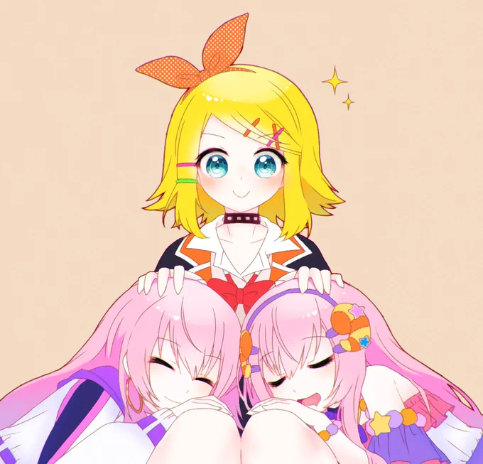 藻雲ぐもさんのリンちゃんのお膝を借りるダブルルカさん!幸せそうなルカさんと、頼れるお姉さんなリンちゃんの表情がとってもかわいいですね…!(*'艸`*)【】 #piapro #鏡音リン #巡音ルカ 