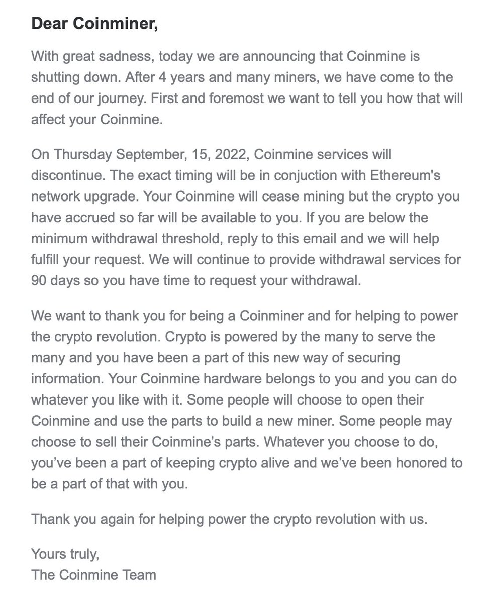 Pour one out for @CoinMine. It was a fun way for my kids to learn a bit  about crypto. 😢 Since some will ask: still not sure if we broke even, net