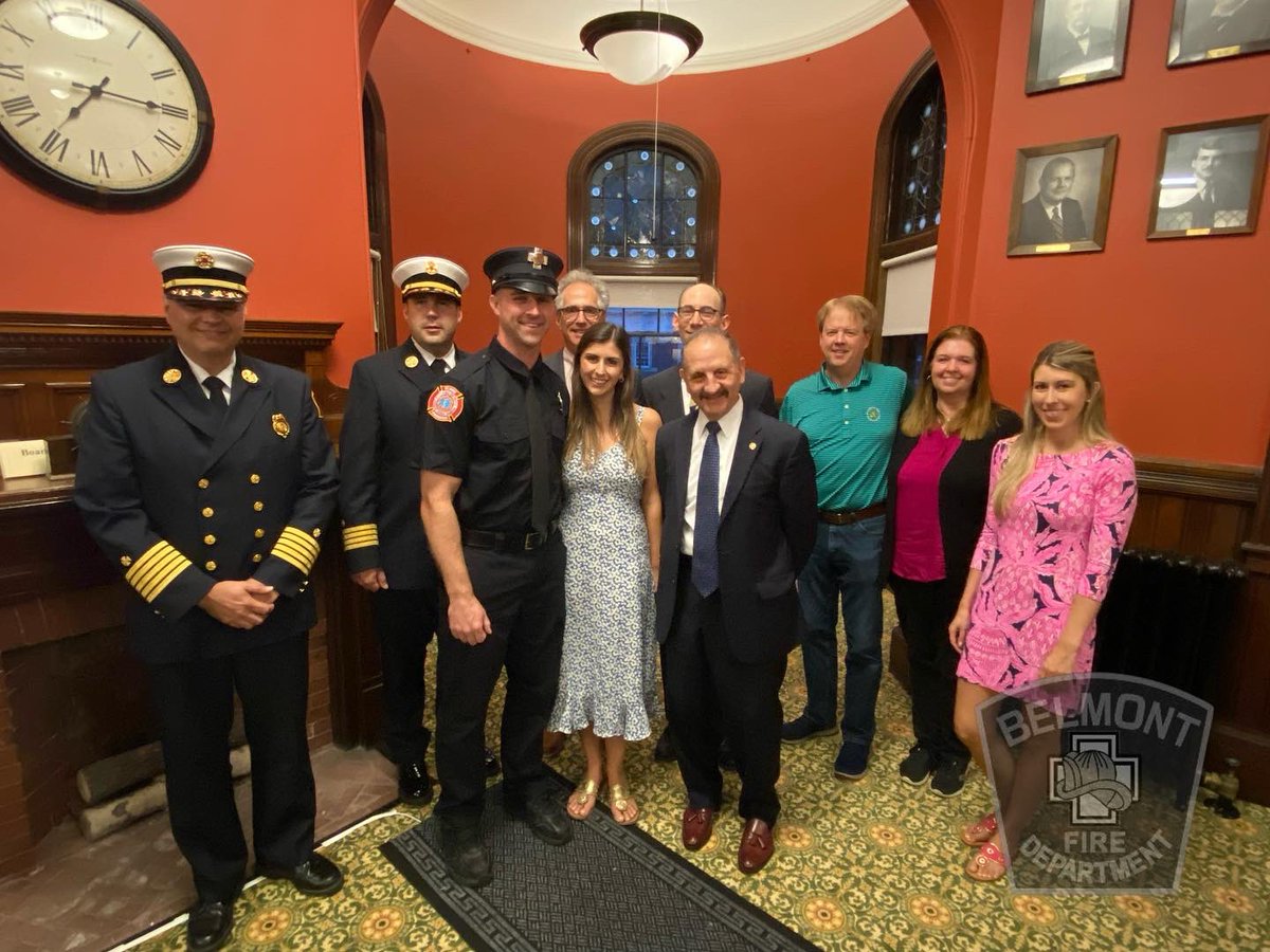 FFOP Nolan, our newest member, received his badge and probationary helmet shield at the Select Board meeting this evening. FFOP Nolan was pinned by his wife, Brittney. Currently, FFOP Nolan is assigned to Group 2. @Belmont_Ma