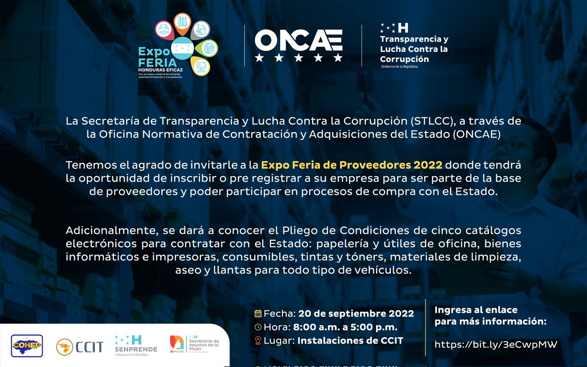 oncaehonduras's tweet photo. Expo Feria de Proveedores 2022, una oportunidad para que las empresas puedan inscribirse o pre registrarse y sean parte de la base de proveedores.

✅️ Haz clic en el enlace para acceder a la manifestación de interés y requisitos: https://t.co/bHxrsU3mQ4 https://t.co/bVajThZ58Y