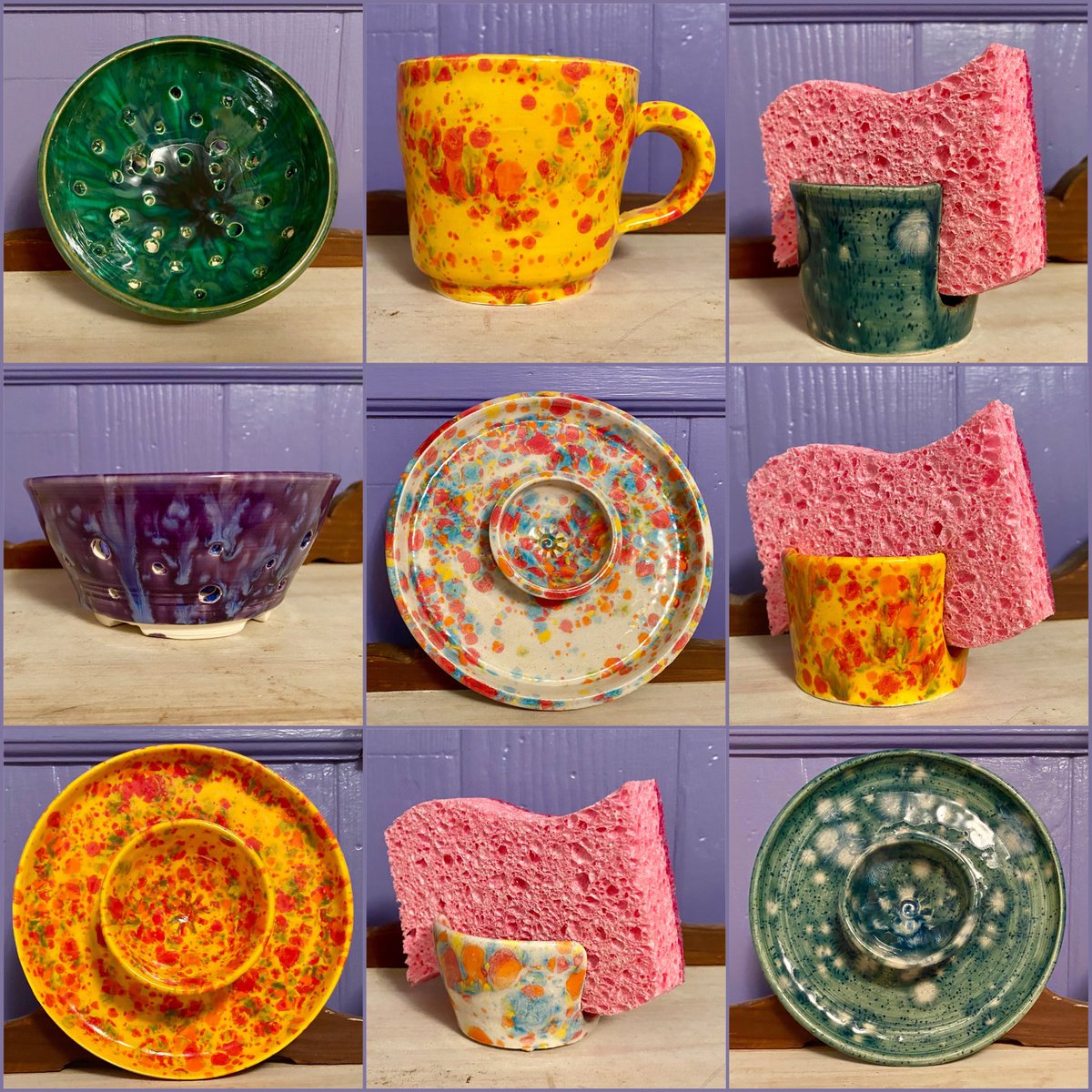 MonaLisaLvsHeah's tweet photo. Not gonna lie, taking these pieces out of the kiln today was like sunshine on a cloudy day...LOVE the color combos!
Berry bowls, mug, sponge rests, single snackers in a variety of glazes
#RockyPinePotters #clayisfun #hobbypotter https://t.co/N7jjOeKvSL