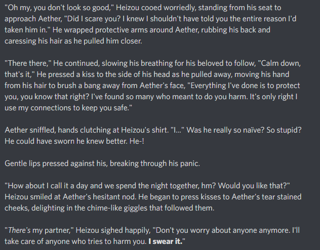 FlowerofFira's tweet photo. Out of all the ones I've written, this might be one of my favorites ❤

Day 4: Gaslighting - #Heither 
#DeadDoveAetherShipWeek https://t.co/HcO7lAouEo