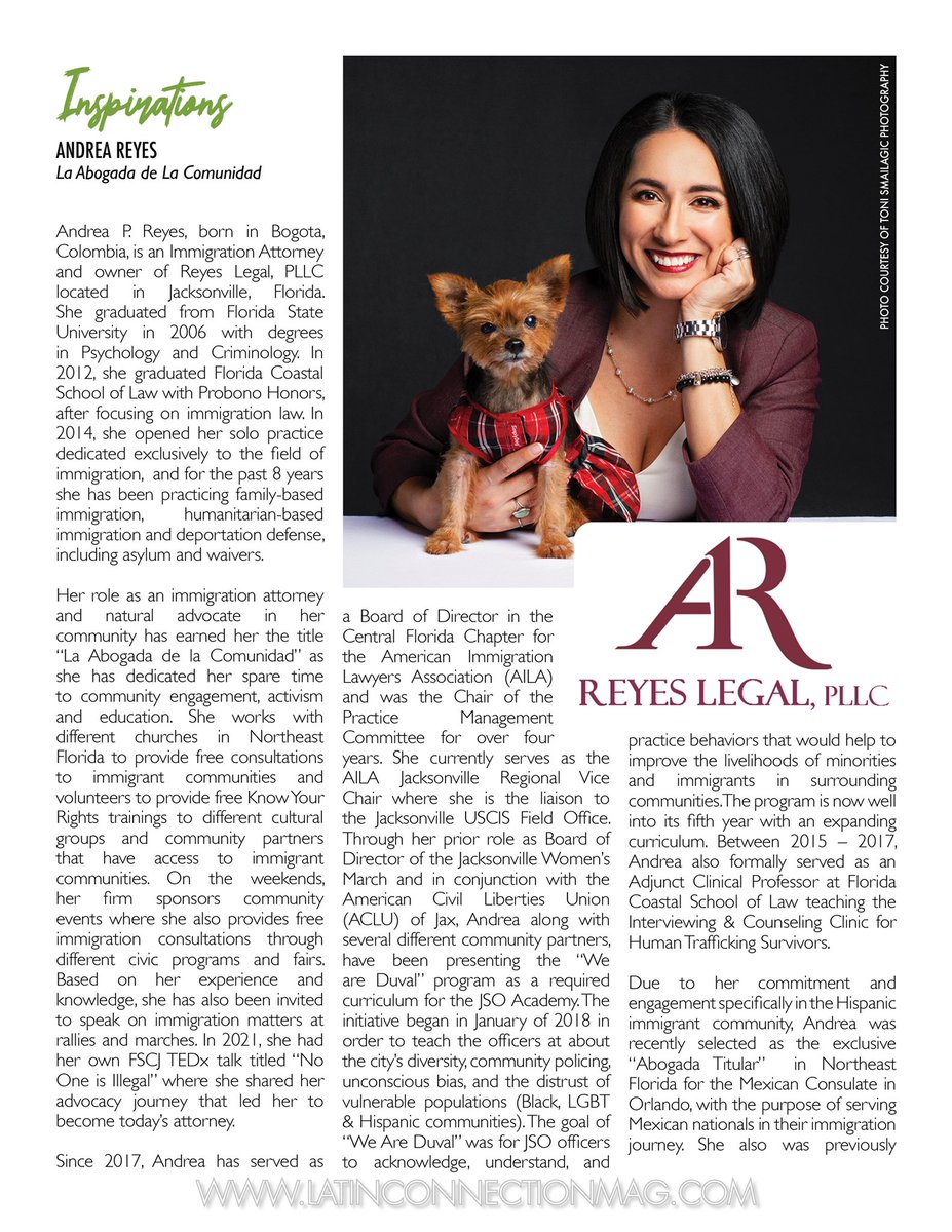 LatinConnection's tweet image. On the cover of the September issue of Latin Connection Magazine is award winning immigration attorney Andrea Reyes, “La Abogada de la Comunidad!” Read her story here!