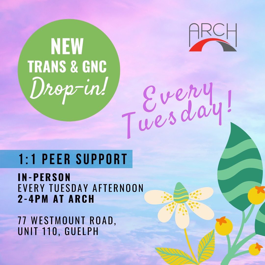 ARCHGuelph's tweet photo. Exciting announcements about changes to our #Trans &amp; GNC Drop-in Program! We’ll be offering in-person &amp; online sessions every Tuesday! 🏳️‍⚧️ 

Participate in-person at ARCH between 2-4 pm or virtually via Zoom from 6-8 pm. Email Skylar at education@archguelph.ca for zoom link! https://t.co/7tii952R9h