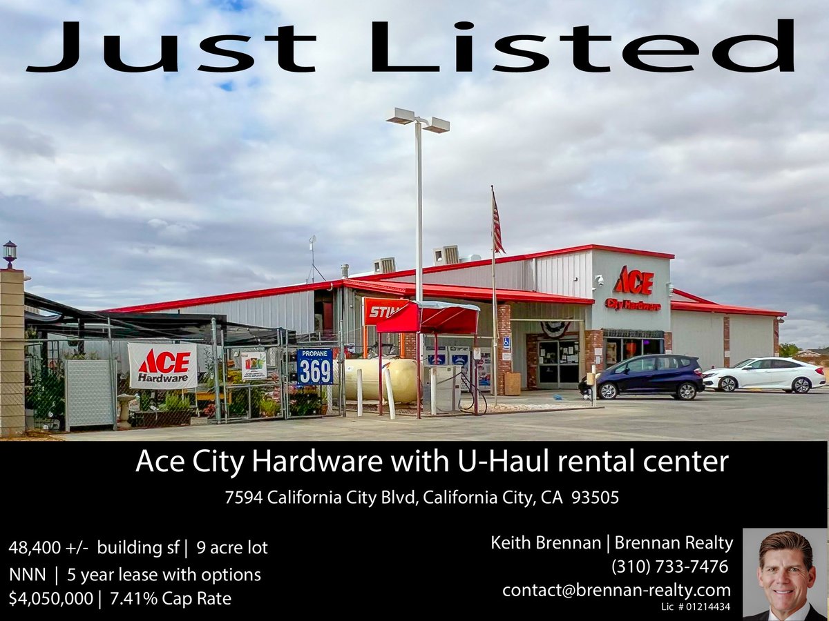 BrennanRealty's tweet photo. Just Listed | NNN Single Tenant | Ace City Hardware with U-Haul rental center 48,400 +\- SF total buildings $4,050,000 list price | 7.41% Cap Rate 

Contact me for more details. 

Keith Brennan |  Brennan Realty | (310) 733-7476 | contact@brennan-realty.com https://t.co/8laByKKjds