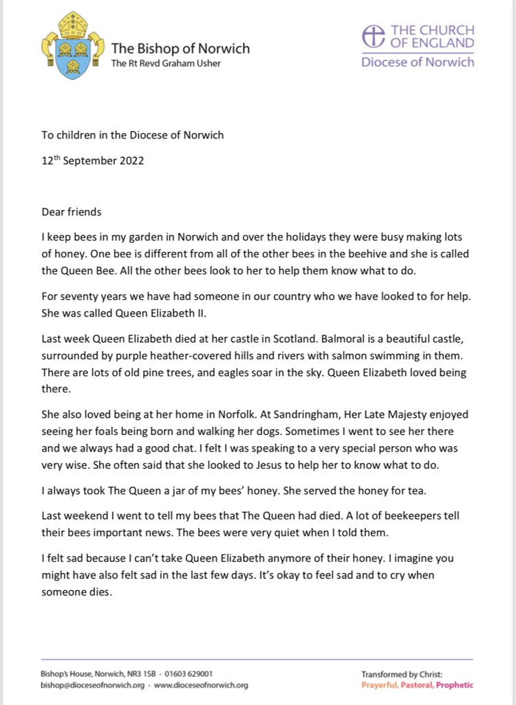bishopnorwich's tweet photo. My letter to the children of Norfolk and Waveney to help them make sense of this time. #QueenElizabethII #KingCharlesIII https://t.co/amEPvlweBB