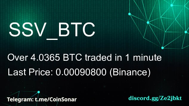 $SSV volume boost!
61 times the average volume in #SSV to $BTC pair (Binance) 😮
Net 1 min volume: +3.611 BTC  #altseason?
24h Vol: 95.96 BTC