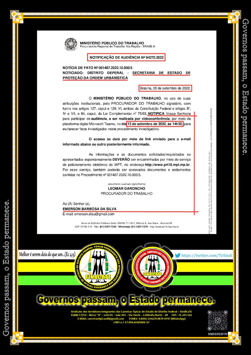 TeSindi's tweet photo. SEM LENÇO, NEM DOCUMENTO

Min. Públ. do Trabalho - MPT/DF - quer saber o motivo de servidores da Sec. DF Legal não receberem documentos, e acessórios, de identificação: crachá, ident. funcional, colete e distintivo. Sem eles, Auditores e Inspetores vivenciam situações vexatórias. https://t.co/ScisdLQP7D