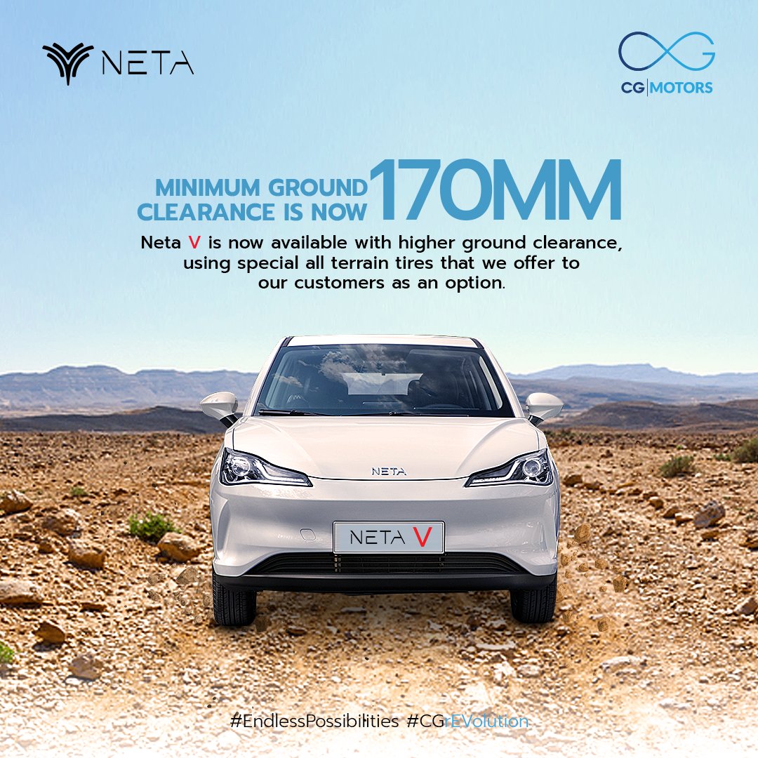 We're going high - quite literally!
With the new special all-terrain tyres, now get 170 mm Minimum Ground Clearance from your #NetaV.
Opt for All-terrain tires (185/60 R16) for higher ground clearance!
#EndlessPossibilities #CGRevolution #GroundClearance