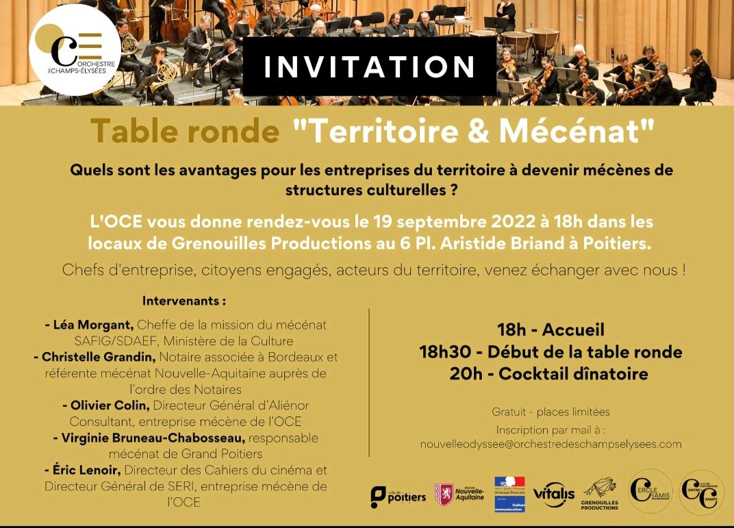 Envie d'en savoir davantage sur le #mécénat #culturel? 🤔
Vous avez raison 👏🏼c'est un sujet dorénavant incontournable et pour longtemps ! 🌟

Few seats left👇🏼

<a href="/OrchestCElysees/">Orchestre des CE</a> <a href="/l_morgant/">Léa Morgant</a> #VirginieBruneauChabosseau <a href="/OlivierColinOC/">Olivier Colin</a> #ChristelleGrandin #EricLenoir <a href="/GrenouillesProd/">Grenouilles Productions</a>