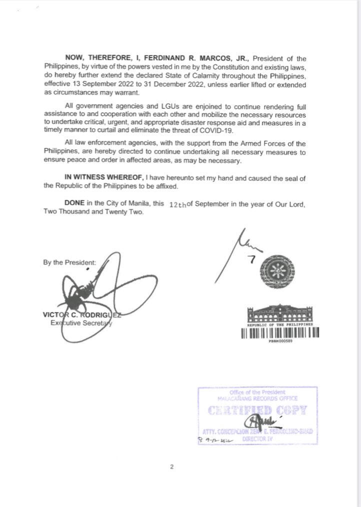 READ: President Ferdinand Marcos Jr. signs Proclamation No. 57 extending the state of calamity in the country due to COVID-19 pandemic until Dec. 31, 2022. | @NCorralesINQ