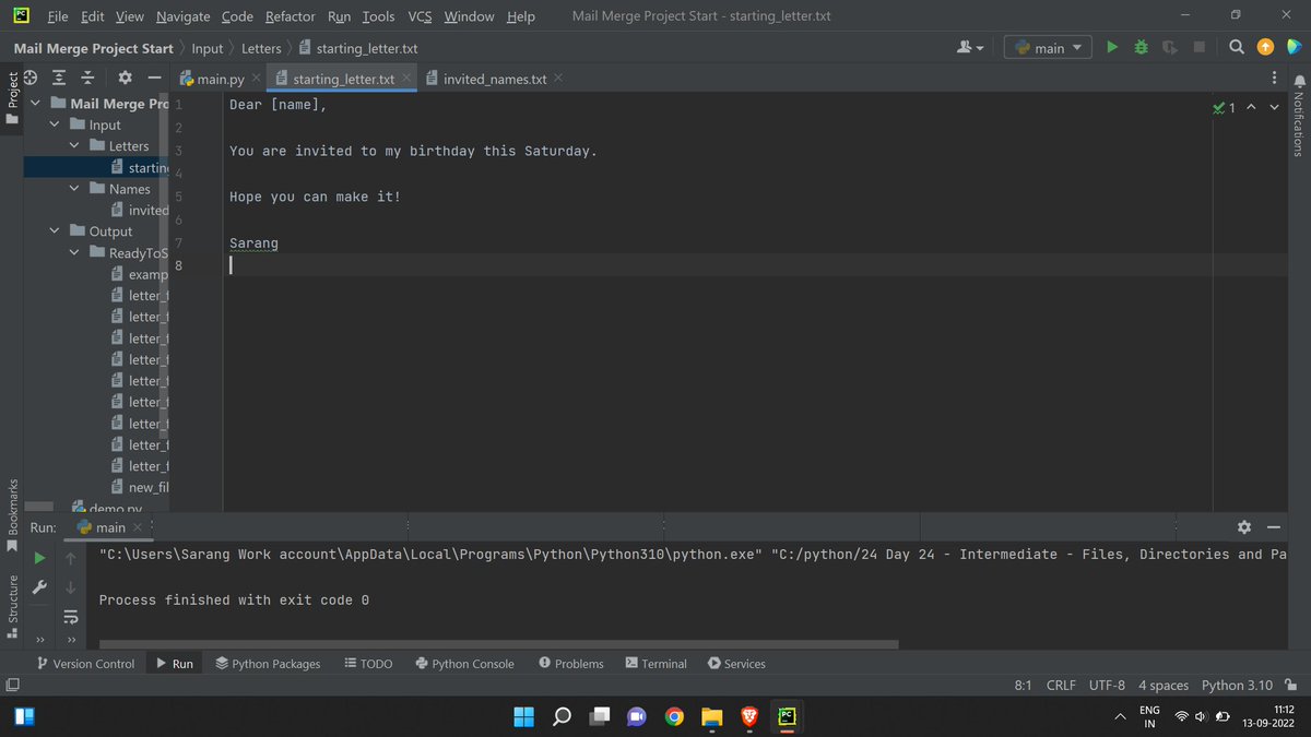 SarangShr's tweet photo. Day 24 of #100DaysOfCode in #Python:
Learned about files, directories and paths.
Created a birthday invite card where the program replace Dear "Name" with appropriate names of users.
Hence saving the repetitive task.
#100DaysOfpython https://t.co/a1vnrZVjfq