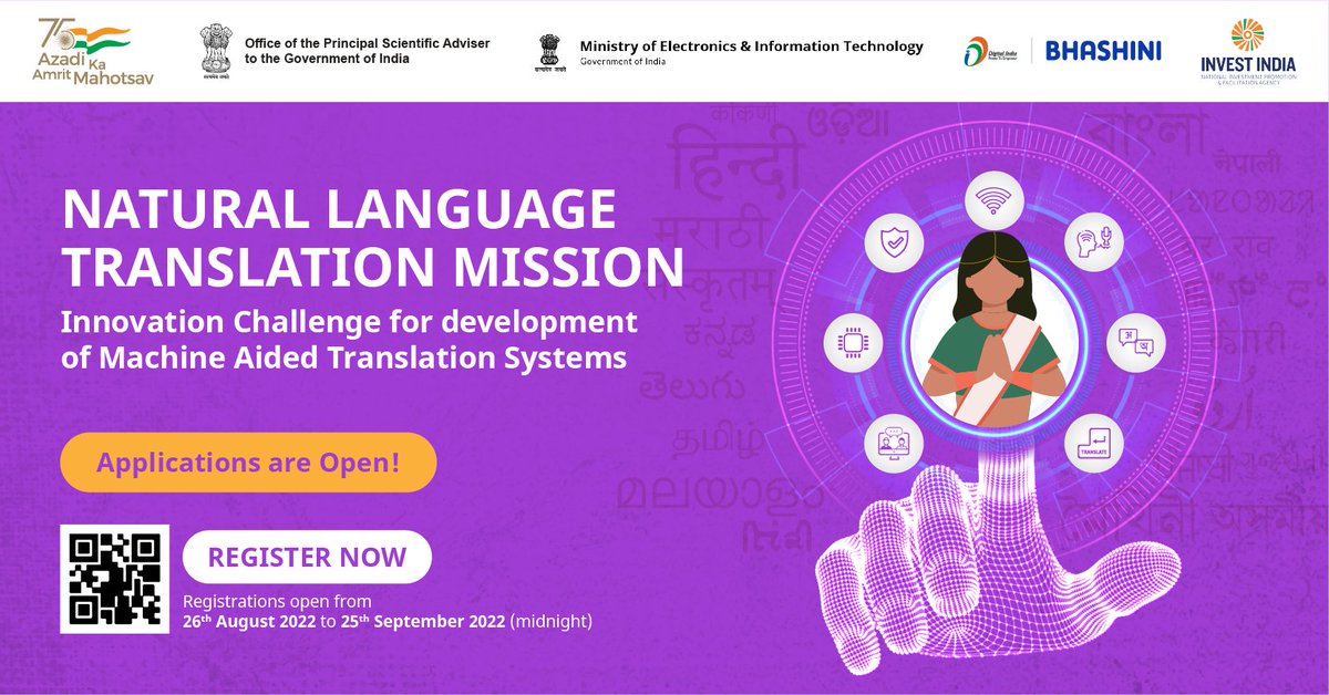 PrinSciAdvOff's tweet photo. #NationalLanguageTranslationMission #PMSTIAC

Applications are open for the Innovation Challenge for the Development of Machine-Aided Translation Systems.

Register now at  https://t.co/AwBfv0Z6IZ

Last date: 25th September 2022 

@GoI_MeitY @_DigitalIndia @PrinSciAdvGoI https://t.co/89KauVgP0K