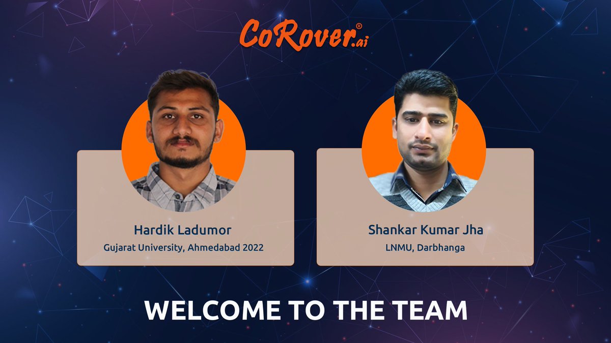 CoRover_App's tweet photo. Welcome to the CoRover team, Hardik &amp; Shankar🤝
 
We are excited about your valuable input and hope you'll have a fantastic time working with the team.

#NewJoin #NewJoining #Welcome #NewBeginnings #WelcomeAboard #NewTeamMember https://t.co/hJczRihGKj
