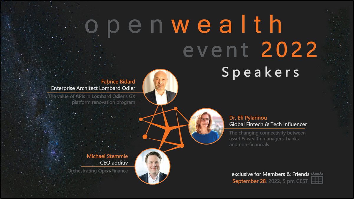 OpenWealth Association (@openwealthapi) on Twitter photo ๐ฃ We are looking forward to the #OpenWealth Event 2022 ๐ฃ
Our top notch speakers this year are:
<a href="/efipm/">Dr Efi Pylarinou</a> - Global #FinTech and Tech Influencer
Fabrice Bidard - Enterprise Architect <a href="/lombardodier/">Lombard Odier</a>
<a href="/michaelstemmle/">Michael Stemmle</a> - CEO <a href="/additivAG/">additiv</a>
For an invite PM <a href="/salioth/">Simon Alioth</a> ๐ฃ We are looking forward to the #OpenWealth Event 2022 ๐ฃ
Our top notch speakers this year are:
<a href="/efipm/">Dr Efi Pylarinou</a> - Global #FinTech and Tech Influencer
Fabrice Bidard - Enterprise Architect <a href="/lombardodier/">Lombard Odier</a>
<a href="/michaelstemmle/">Michael Stemmle</a> - CEO <a href="/additivAG/">additiv</a>
For an invite PM <a href="/salioth/">Simon Alioth</a>