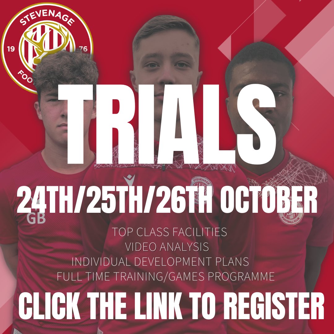 StevenageFC_EDP's tweet photo. TRIAL DATES ANNOUNCEMENT

We will be holding our trials for our 2023 cohort on Monday 24th, Tuesday 25th and Wednesday 26th October. If you are interested and would like to register for the trial, please go to https://t.co/LvgkyVXWci https://t.co/HKKXrFXvL8
