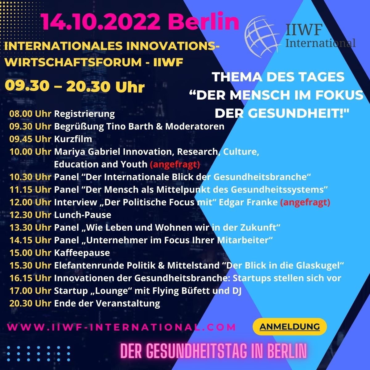 Besuchen Sie den Gesundheitstag in Berlin: Wir freuen uns auf einen spannenden Austausch! lnkd.in/exn2PhbRLassen Sie uns mit #Experten aus der #Gesundheitsbranche, #Gesundheitspolitik sowie aus der #Realwirtschaft und der #Gesundheitsbranche besprechen und diskutieren.