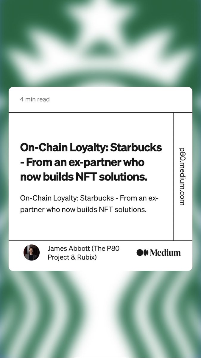 My take on ⁦<a href="/Starbucks/">Starbucks</a>⁩ and ⁦<a href="/0xPolygon/">Polygon | POL</a>⁩ - great sign for on-chain loyalty and an exciting first step! ⁦<a href="/Rubixcommunity/">Rubix</a>⁩ ⁦<a href="/jdkanani/">Jaynti Kanani (JD)</a>⁩ ⁦<a href="/sandeepnailwal/">Sandeep | CEO, Polygon Foundation (※,※)</a>⁩ 
link.medium.com/3gzY3pYxhtb